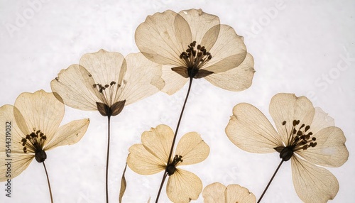 Pressed flowers with vintage coffee stains and aged floral textures on rustic parchment background with natural imprint effect