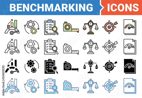 Benchmarking banner icon set with multiple style collection.
