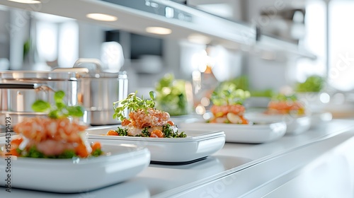 a row of white plates with food on them