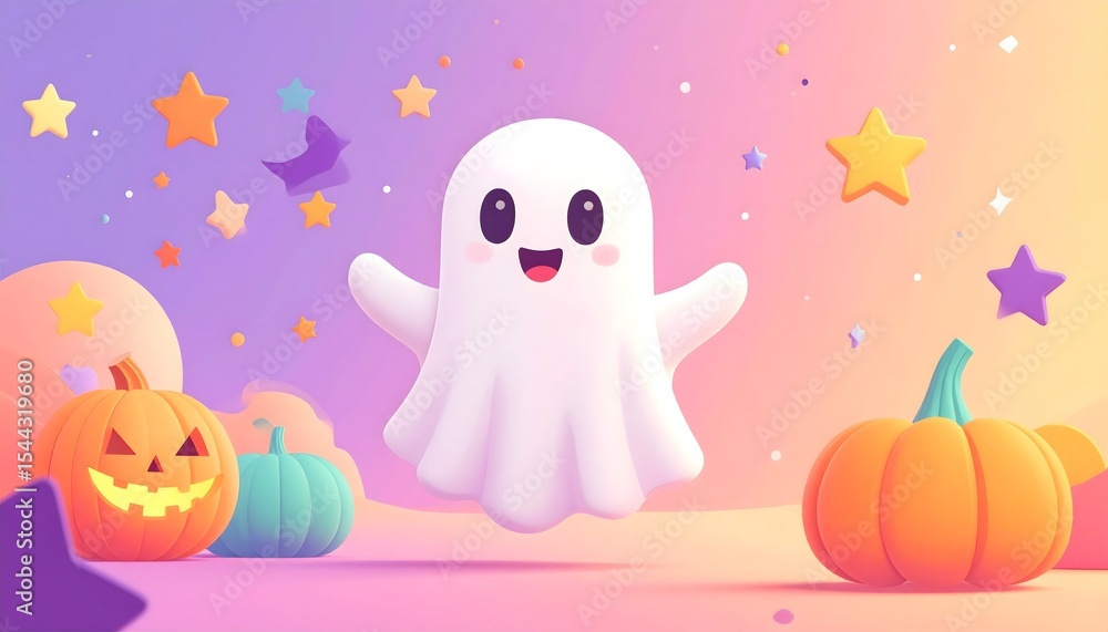 Fototapeta premium Adorable pastel Halloween vector featuring a smiling ghost playfully floating among pumpkins and sparkly stars. Soft flat design perfect for cute seasonal invites, kids decor, or spooky-sweet merch.