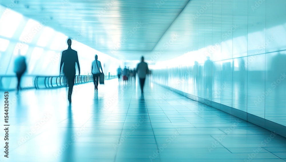 Blurred figures walking a light-blue tunnel Blurred figures walking a light-blue tunnel