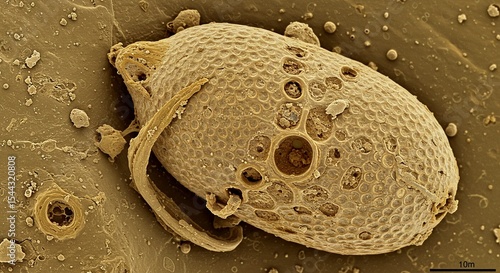 Detailed Microscopic View of a Foraminifera Shell Showing Complex Structure and Pores