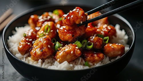 Spicy chicken over rice, ready to eat.  Chopsticks poised to lift a piece