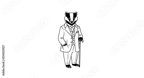 Badger in Formal Attire: A distinguished badger, attired in a classic suit with a matching cane, embodying a sense of refined style and dignified elegance.
