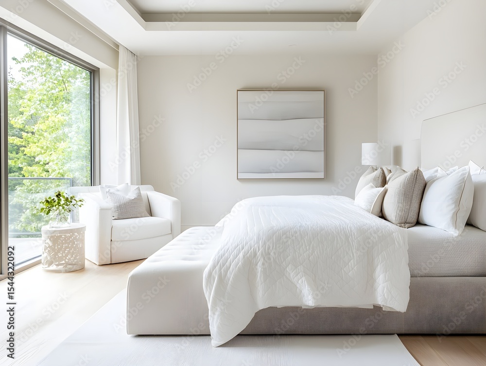 Fototapeta premium Modern Minimalist Bedroom with White Bed and Large Window