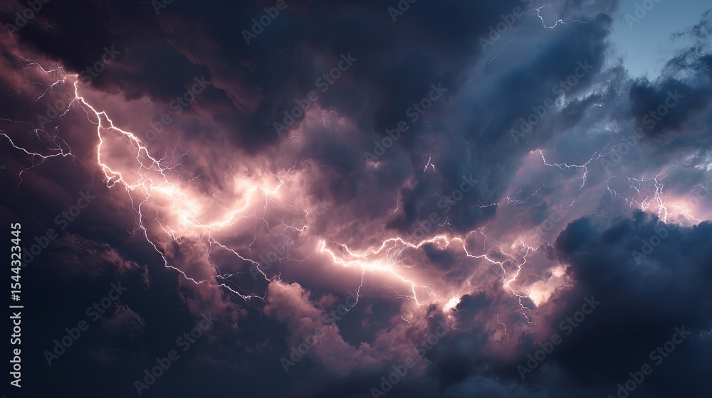 Fototapeta premium Dramatic lightning bolt striking dark sky during powerful storm
