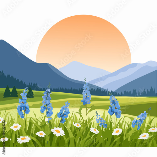 Green grass with wild blue flowers in the mountains at sunset. Beautiful summer landscape