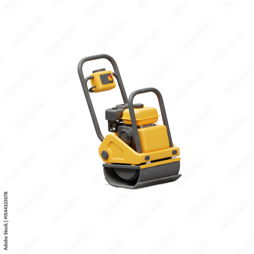A yellow plate compactor is shown on a ground surface, smoothing it out, which is used for construction purposes. A yellow plate compactor is shown on a ground surface, smoothing it out, which is used for construction purposes.