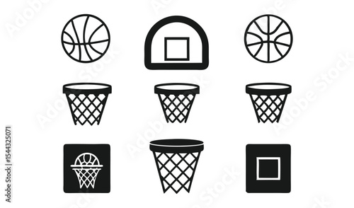 Basketball icons set ball hoop backboard net
