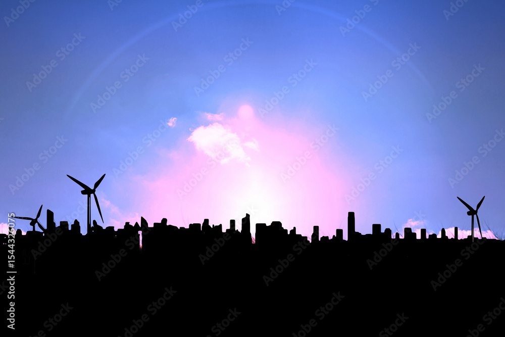 Obraz premium Image of silhouetted cityscape and wind turbines on pink sunset and clouds in blue sky, copy space