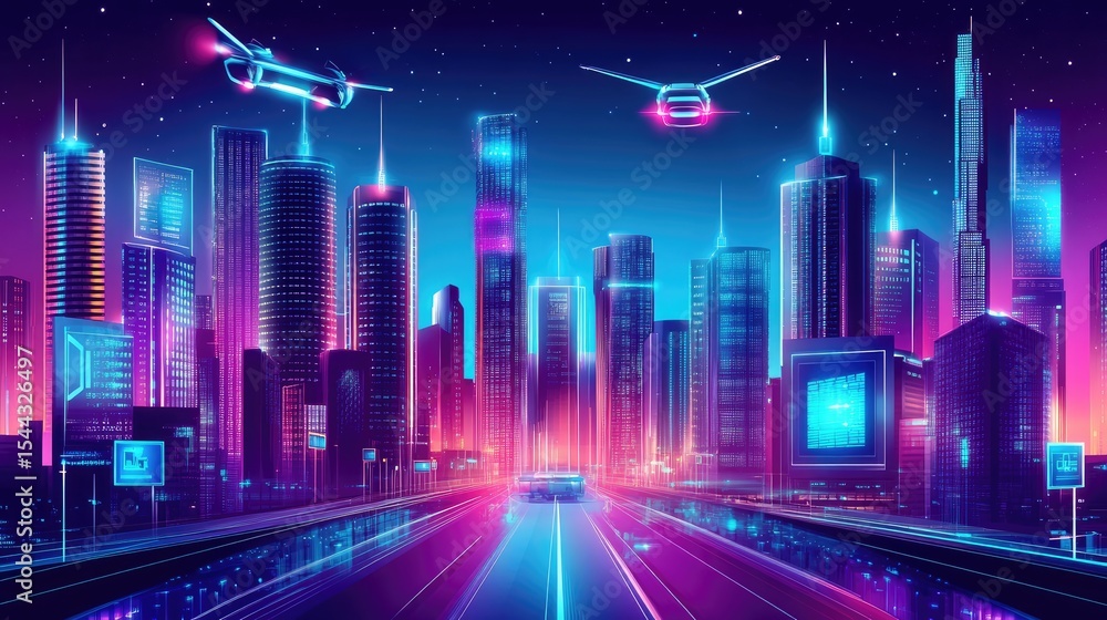 Futuristic city skyline at night with neon lights and flying vehicles. Futuristic city skyline at night with neon lights and flying vehicles.