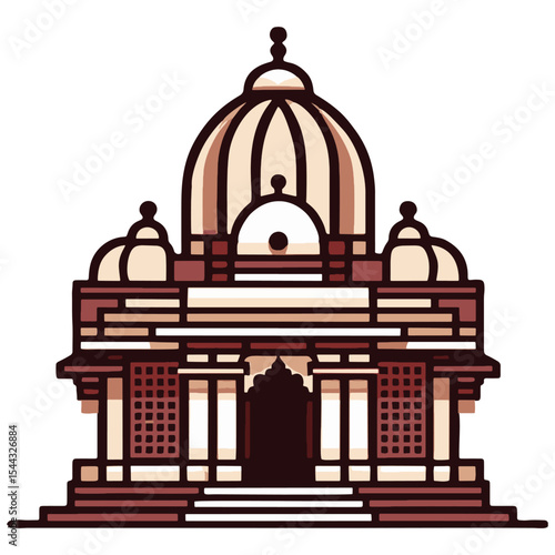 Zeigt einen Hindutempel mit einer Kuppel im Streifenmuster vor einem weißen Hintergrund. Die klaren Linien und einfachen Formen der Illustration machen sie ideal für Lehrmaterialien