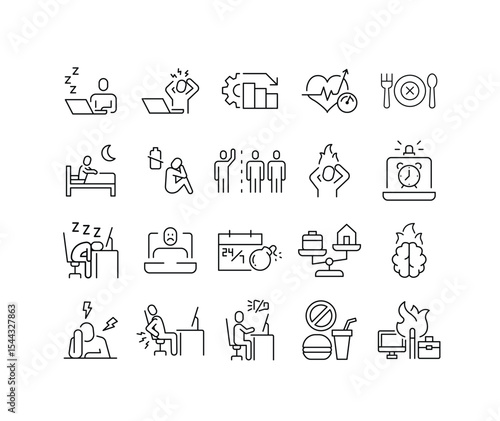 Set of Remote Work Fatigue Icons Representing Exhaustion, Headache, Frustration, Posture Pain, Unhealthy Lifestyle, and Focus Problems for Home Office Employees