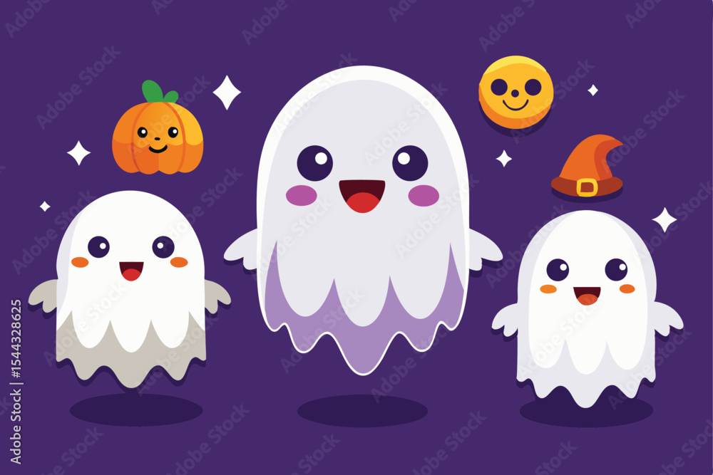 Obraz premium A fun and whimsical Halloween image featuring three cartoon ghosts, one with a purple effect, one wearing a witch's hat and a smiling pumpkin.