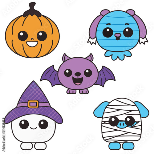 A fun collection of kawaii Halloween characters, including a pumpkin, a bat, a ghost in a witch's hat, a mummified pig, and a striped creature.