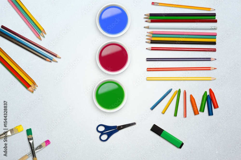 Naklejka premium Flat design is showing top-down art workspace with white paint bowls and craft tools