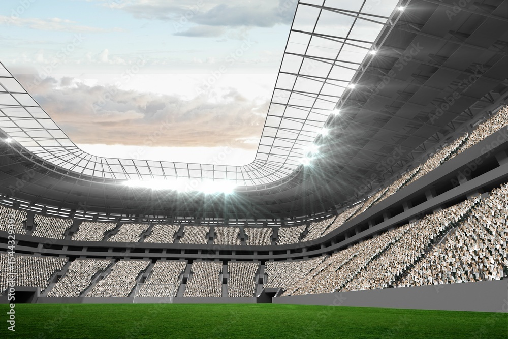 Fototapeta premium Showing flat design stadium interior with turf, seating, glass roof floodlights lighting cloudy sky