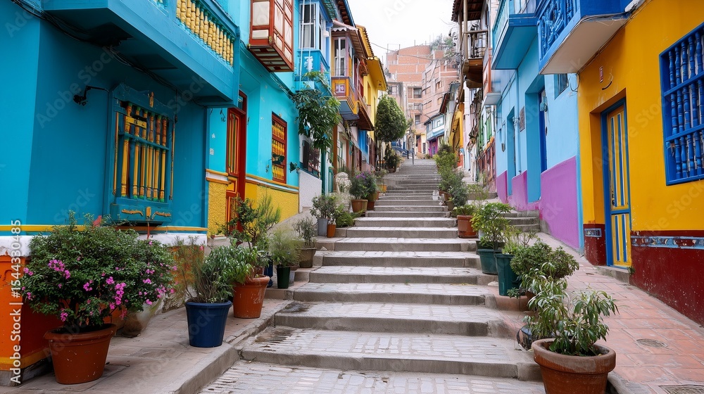Fototapeta premium Colorful urban street with stairs and plants 