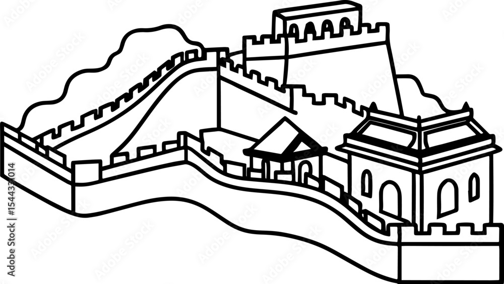 Fototapeta premium Great Wall of China line art drawing 