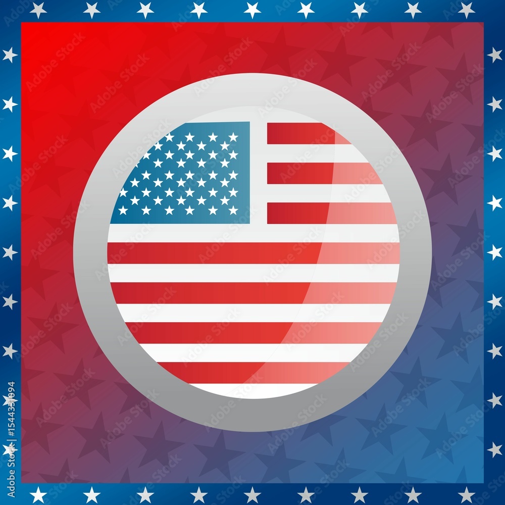 Naklejka premium Flat design is showing silver ring with US flag and dotted star border over red-blue gradient