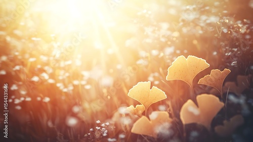 Close-up of sunlight shining through delicate fan-shaped ginkgo leaves glowing bright gold in autumn