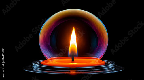 Burning Candle Flame Encased in a Glass Dome on a Black Background