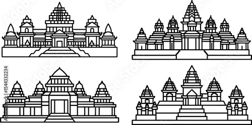 Angkor Wat Cambodia temple outline icons
