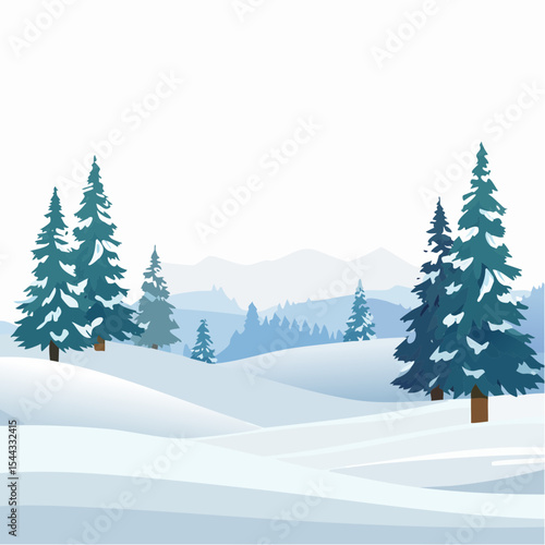 winter landscape with trees in the foreground and hills covered by snow