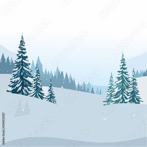 winter landscape with trees in the foreground and hills covered by snow