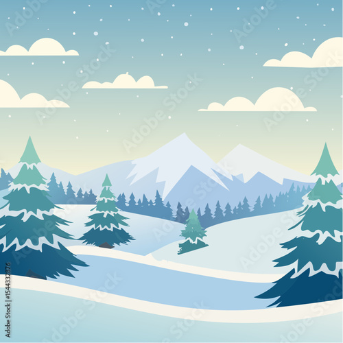 winter landscape with trees in the foreground and hills covered by snow