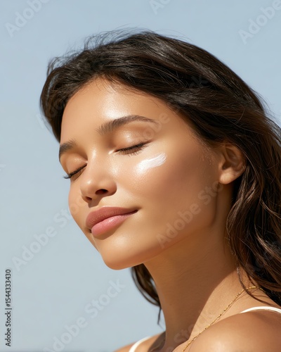 family-friendly sun care A serene young woman with glowing skin enjoys a moment of peace, embracing natural beauty and tranquility outdoors.