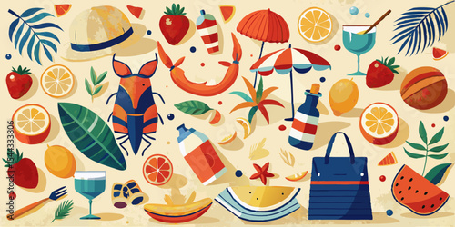 Vibrant Summer Holiday Flat Lay Illustration with Tropical Fruits Beach Accessories and Refreshing Drinks on a Beige Background