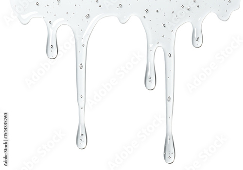 Transparent liquid gel dripping down against a black background with subtle bubbles