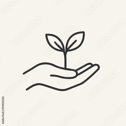 Minimalist Line Art Illustration Hand Holding a Sprout with Two Leaves Representing Growth Sustainability and Environmental Awareness on a Light Beige Background for Eco Friendly