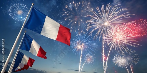 French flags and fireworks celebrating bastille day