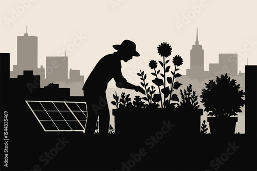 Urban Gardener Silhouette Tending to Rooftop Garden with Solar Panel and City Skyline Backdrop Showcasing Sustainable Living and Eco Friendly Practices in an Urban Environment