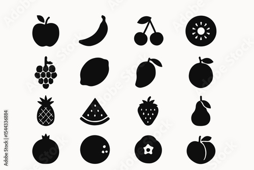 A collection of sixteen different fruit icons arranged in a grid pattern against a white background showcasing a variety of popular and recognizable fruits in
