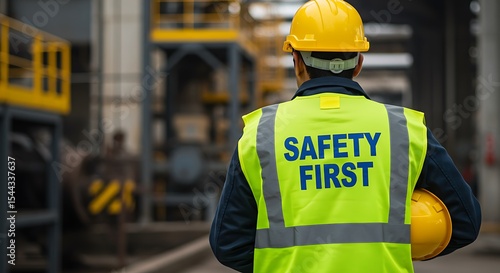 Industrial worker wearing safety vest and helmet emphasizing workplace safety regulations