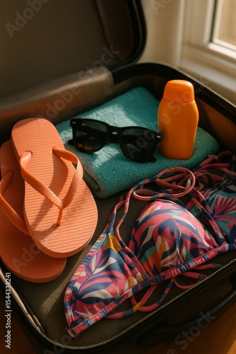 Open suitcase packed for summer trip with swimsuit, flip flops, sunglasses, towel, and sunscreen near sunny window.

