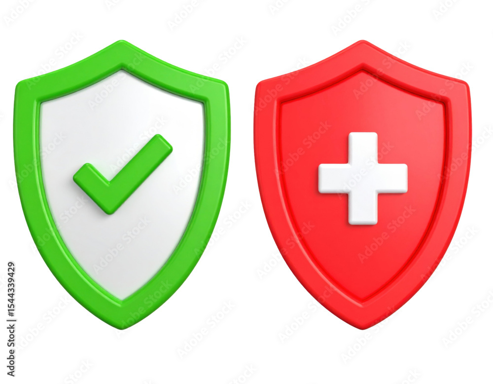 Set of green and red shields with glossy surface and classic emblem shapes isolated on white background Set of green and red shields with glossy surface and classic emblem shapes isolated on white background