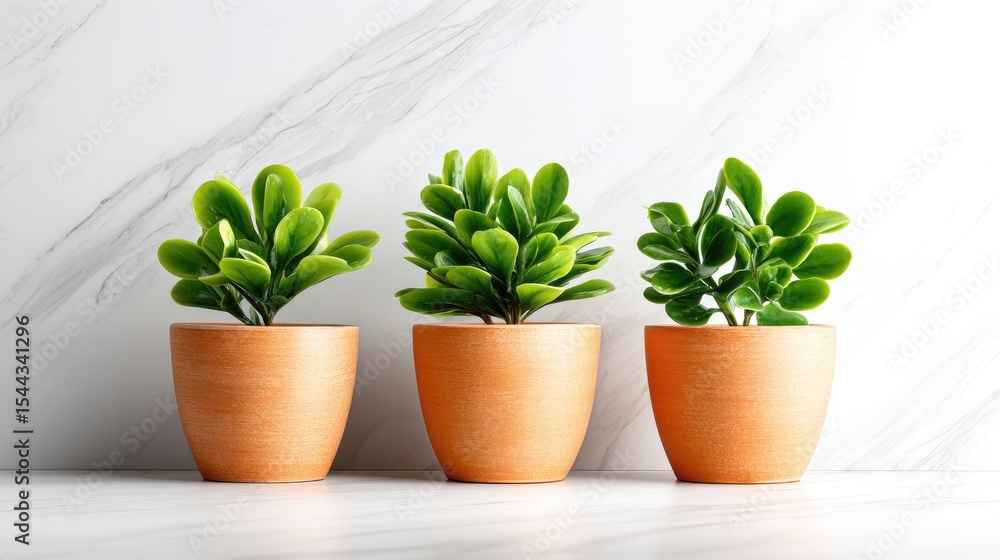 Fototapeta premium Terracotta pots with small plants against a marble surface.