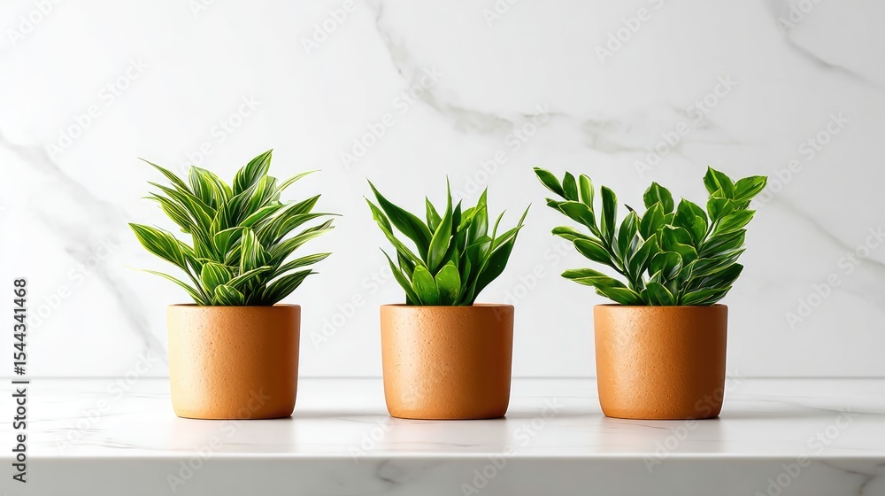 Obraz premium Three potted plants on a marble surface.