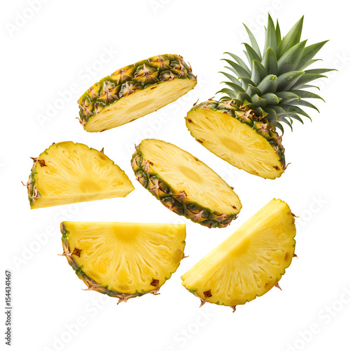 Fresh Pineapple Pieces Flying – Transparent or White Background