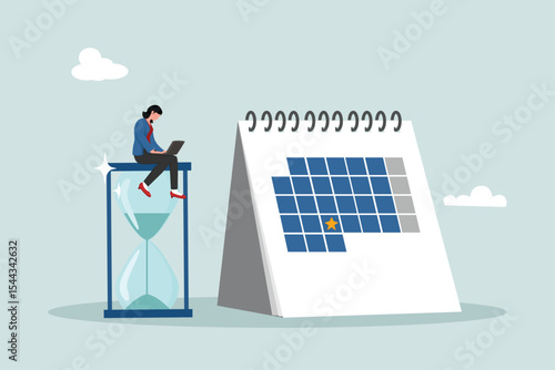Calendar deadline to complete work, time countdown until launch date, reminder or planner, organize work or project management concept, businessman working with laptop on sand glass and calendar date.
