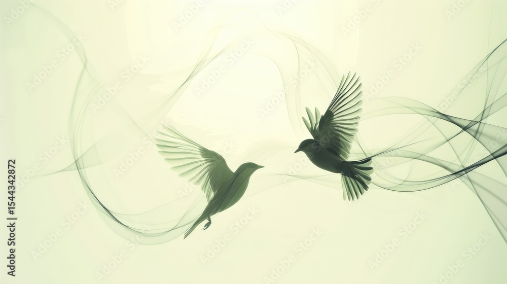 Obraz premium Two birds in flight, enveloped in ethereal smoke.