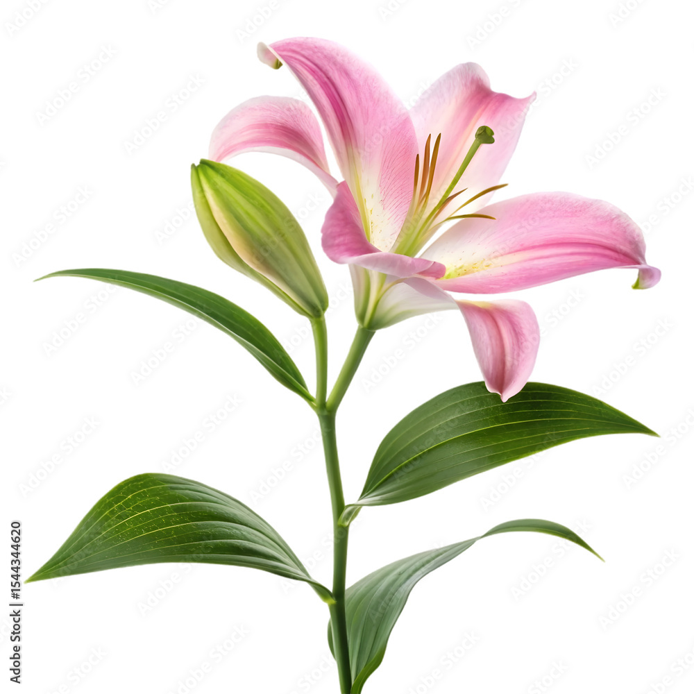 Obraz premium pink lily flower stalk with leaves on transparent background