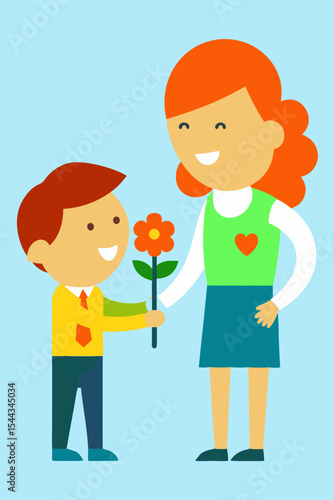 Schoolboy in yellow shirt presents flower to smiling teacher in green outfit, showcasing a joyful moment of appreciation and connection in a bright, cheerful classroom setting