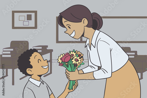 Schoolboy presents colorful bouquet of flowers to smiling teacher in classroom, showcasing joyful interaction and appreciation between student and educator in a warm atmosphere