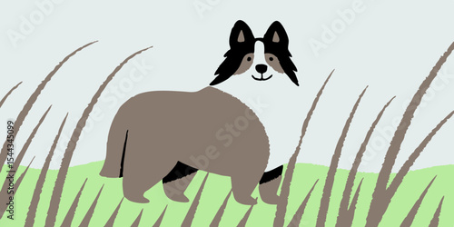 Illustration of a playful dog standing in tall grass, showcasing its fluffy coat and friendly expression, surrounded by a serene outdoor environment with soft colors