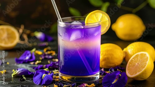 Refreshing Glass of Vibrant Butterfly Pea Flower Tea with Lemon and Ice Surrounded by Fresh Lemons and Petals for Colorful Scene